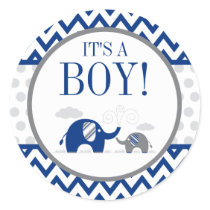 Elephant Navy Blue Gray Boy Baby Shower Classic Round Sticker
