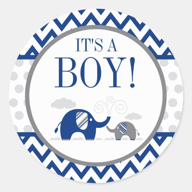 Elephant Navy Blue Gray Boy Baby Shower Classic Round Sticker (Front)