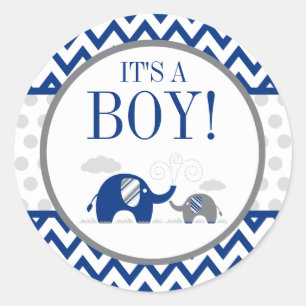 Elephant Navy Blue Gray Boy Baby Shower Classic Round Sticker