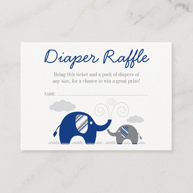 Elephant Navy Blue Gray Diaper Raffle Ticket Enclosure Card (Front)