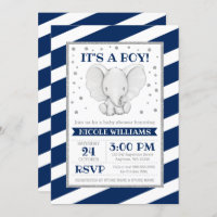 Elephant Navy Stripes Boy Baby Shower Invitations