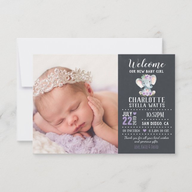 Elephant New Baby Girl Chalkboard Photo Birth Announcement (Front)