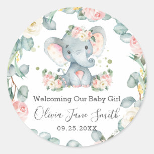 Elephant New Baby Pink Ivory Floral Greenery Favor Classic Round Sticker