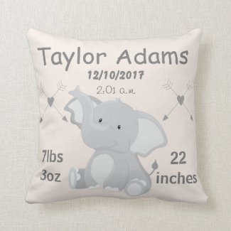 Elephant Nursery Baby Birth Stats Throw Pillow