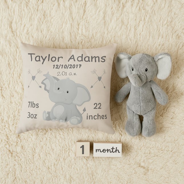 Elephant Nursery Room Décor Baby Birth Stats Throw Pillow (Creator Uploaded)