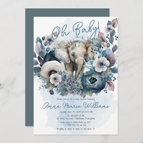Elephant Oh Baby Blue Floral Baby Shower Invitation