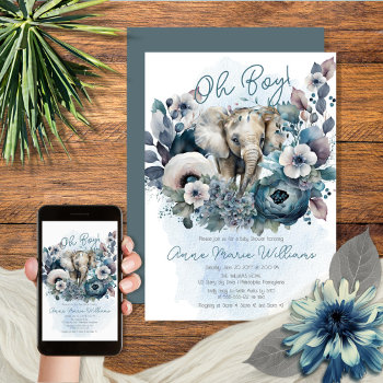 Elephant Oh Boy Blue Floral Baby Shower Invitation by holidayhearts at Zazzle