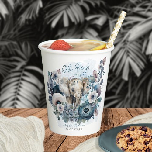 Elephant Oh Boy Blue Floral Baby Shower Paper Cups