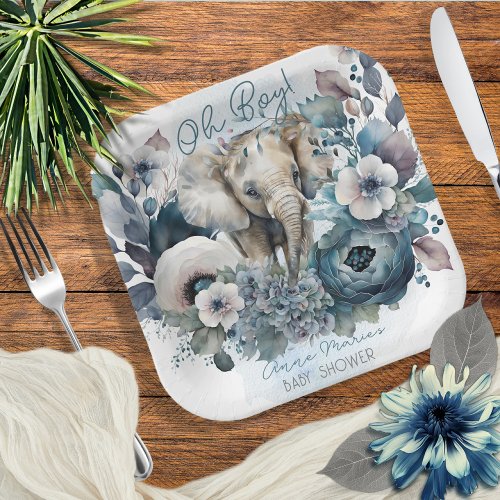 Elephant Oh Boy Blue Floral Baby Shower Paper Plates