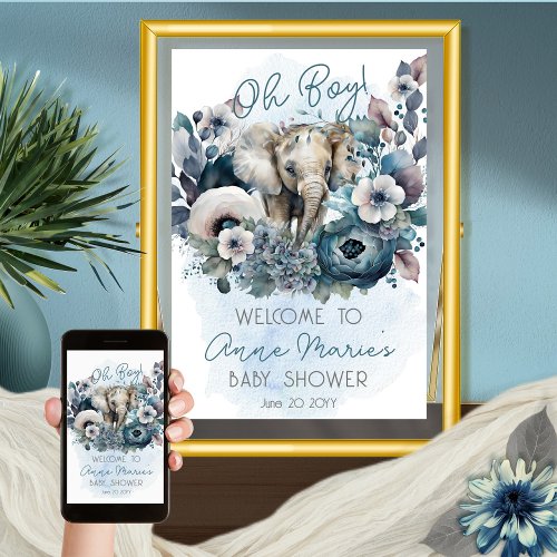 Elephant Oh Boy Blue Floral Baby Shower Poster