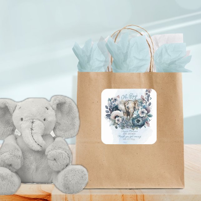 Elephant Oh Boy Blue Floral Baby Shower Square Sticker (Creator Uploaded)