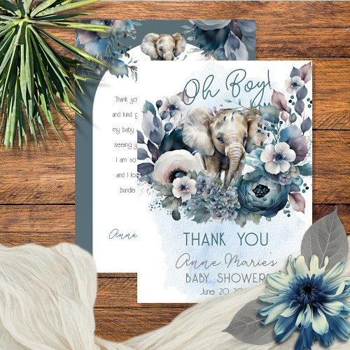 Elephant Oh Boy Blue Floral Baby Shower Thank You Card