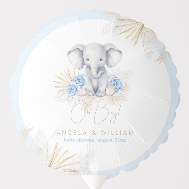 Elephant Oh Boy Safari Boho Blue Baby Shower Balloon (Front)