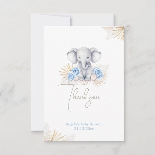 Elephant Oh Boy Safari Boho Blue Baby Shower Thank You Card
