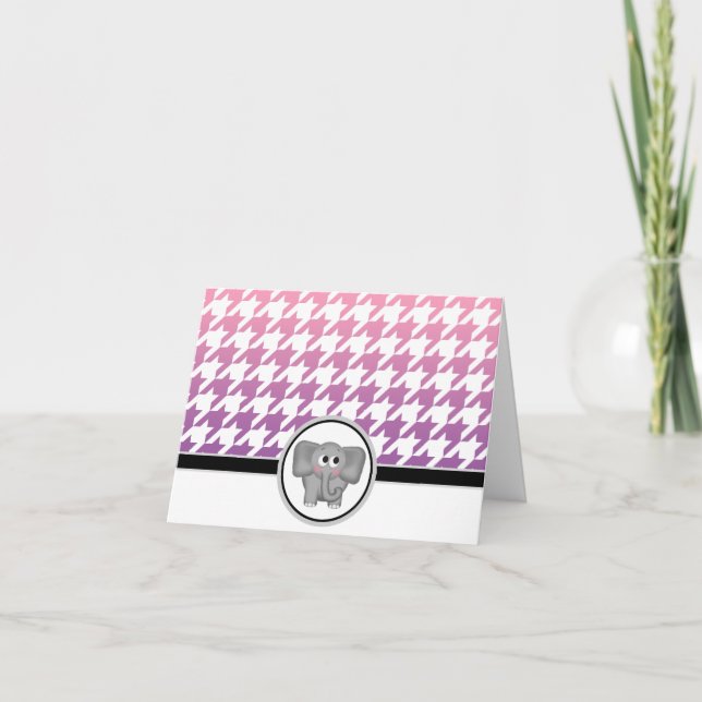 Elephant Ombre Pink Purple Houndstooth Cards (Front)