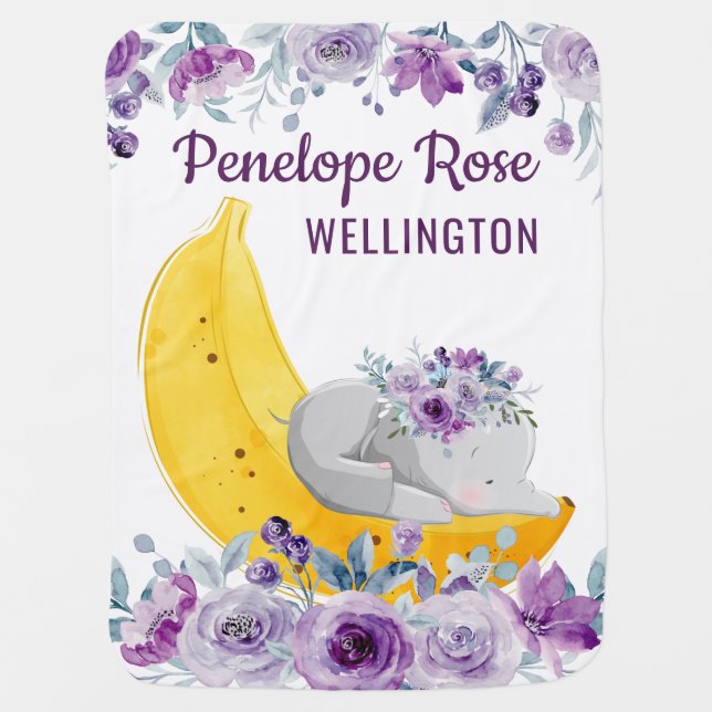 Elephant on a Banana with Purple Flowers + Name Baby Blanket (Front)