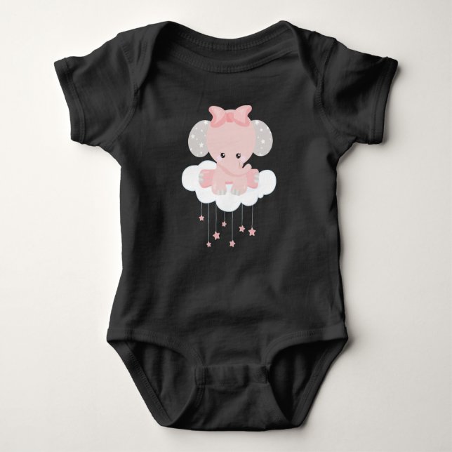Elephant On A Cloud, Cute Elephant, Crown, Stars Baby Bodysuit (Front)