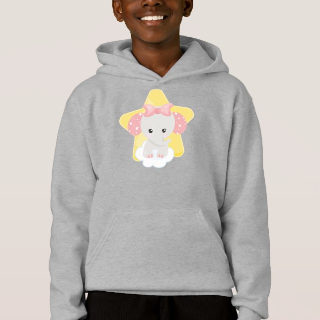 Elephant On A Cloud, Cute Elephant, Stars, Ribbon Hoodie (Front)