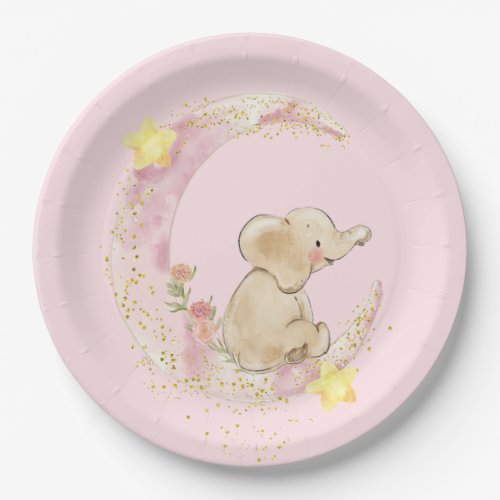 Elephant on a Moon On Pink Paper Plates