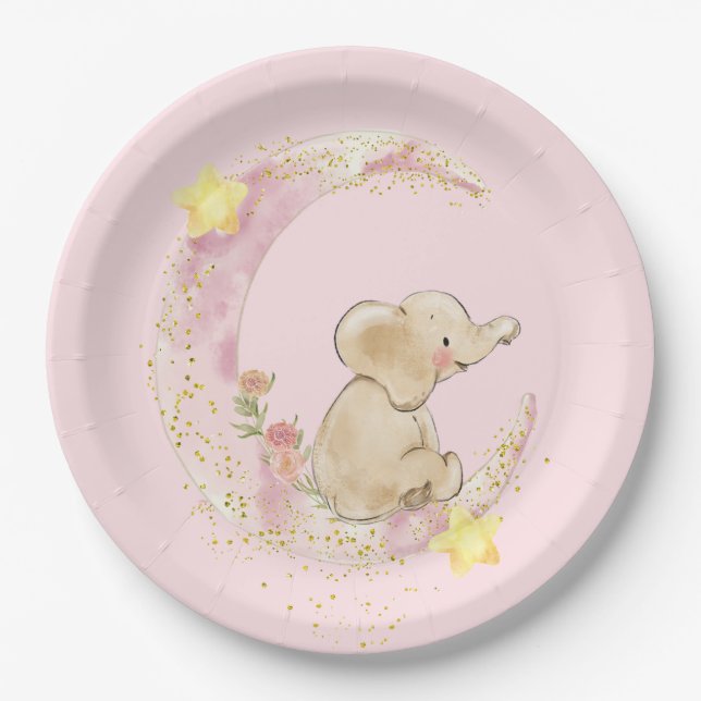 Elephant on a Moon On Pink Paper Plates (Front)