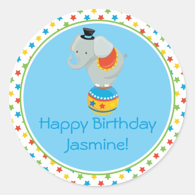 Elephant on Ball | Circus Theme | Personalized Classic Round Sticker (Front)