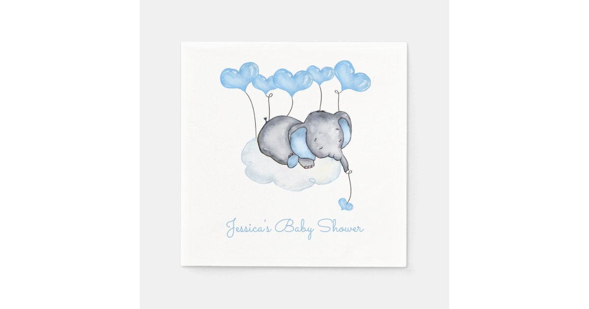Elephant On Cloud Blue Balloons Boy Baby Shower Napkins
