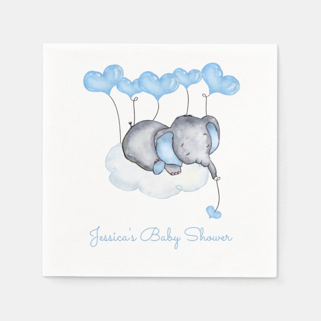Elephant on Cloud Blue Balloons Boy Baby Shower Napkins (Front)