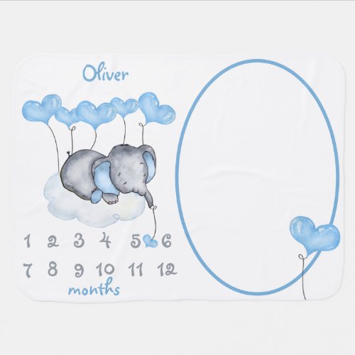 Elephant on Cloud Personalized Boy Milestone Baby Blanket