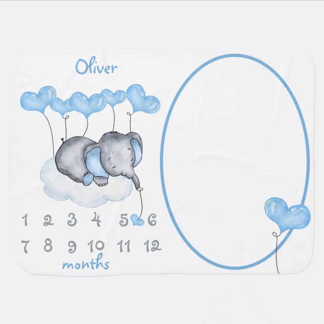 Elephant on Cloud Personalized Boy Milestone Baby Blanket (Horizontal)