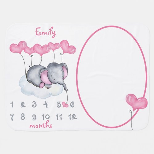 Elephant on Cloud Personalized Girl Milestone Baby Blanket