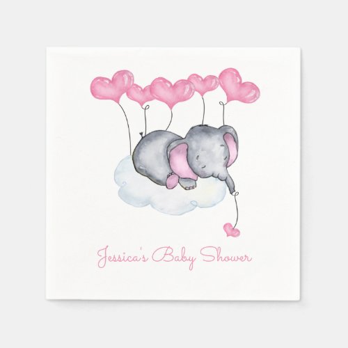 Elephant on Cloud Pink Balloons Girl Baby Shower Napkins