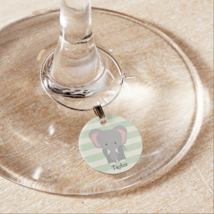 Elephant on Pastel Green Stripes Wine Glass Charm