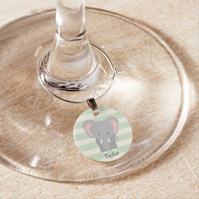 Elephant on Pastel Green Stripes Wine Glass Charm (In Situ)