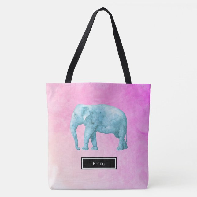 Elephant On Pink Watercolor Personalized Tote Bag (Front)
