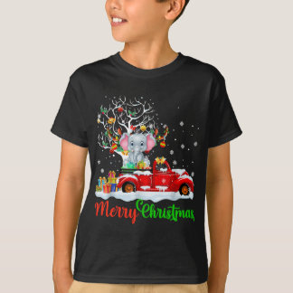 Elephant On Red Truck Christmas Pajama Funny Xmas T-Shirt