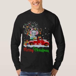 Elephant On Red Truck Christmas Pajama Funny Xmas T-Shirt