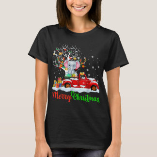 Elephant On Red Truck Christmas Pajama Funny Xmas T-Shirt