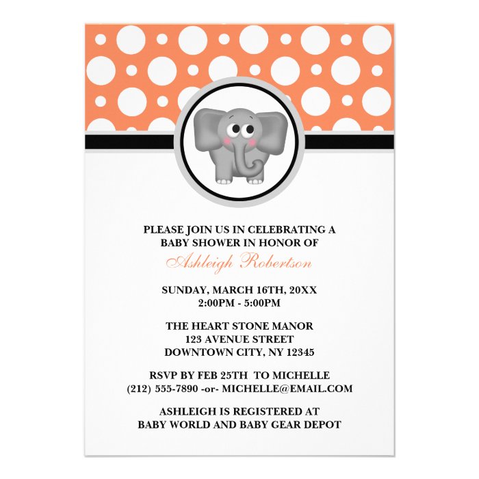 Elephant Orange Polka Dot Baby Shower Invitations