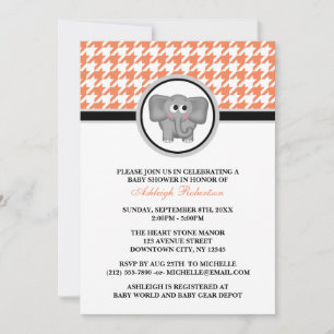 Elephant Orange & White Houndstooth Baby Shower Invitation