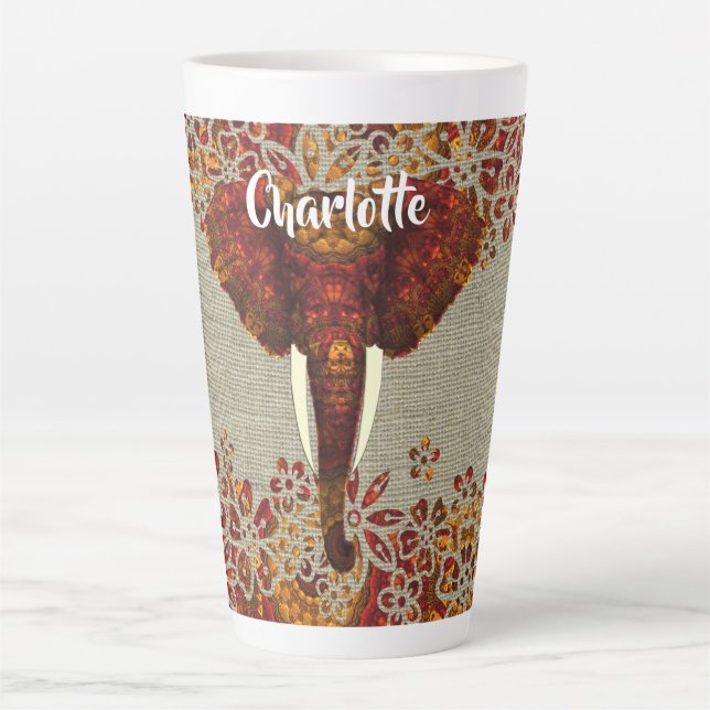 Elephant Ornate Rustic Colors Personalized Latte Mug (Front)