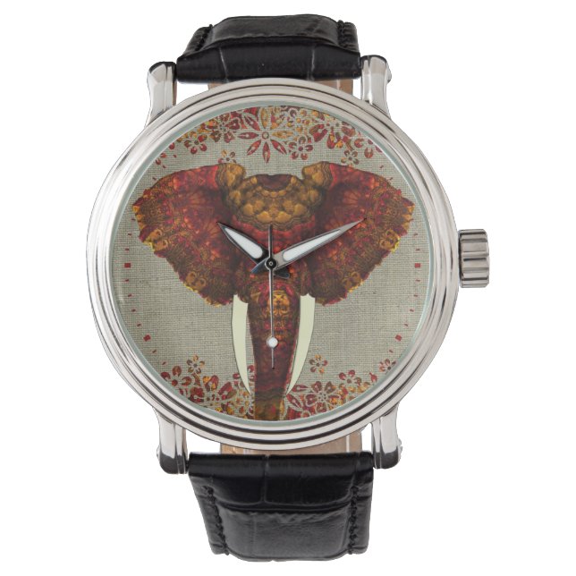 Elephant Ornate Rustic Colors Stylish Watch (Front)