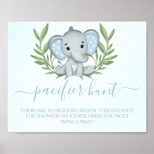 Elephant Pacifier Hunt Boy Baby Shower Game Poster