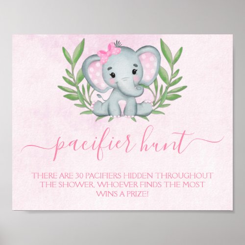 Elephant Pacifier Hunt Girl Baby Shower Game Poster
