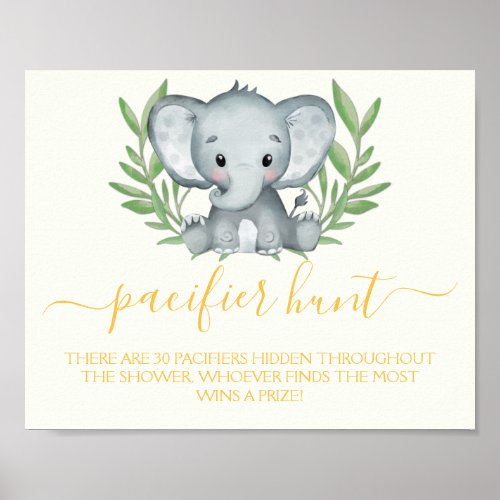 Elephant Pacifier Hunt Neutral Baby Shower Game Poster
