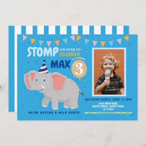 Elephant Party Boys Kids Birthday Photo Invitation