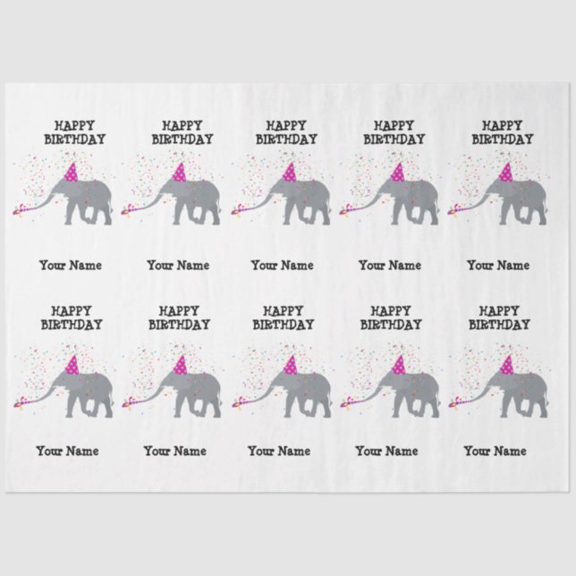 Elephant Partying - Animals at Birthday Party Name Tissue Paper (Front)
