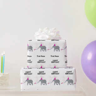 Elephant Partying - Animals at Birthday Party Name Wrapping Paper