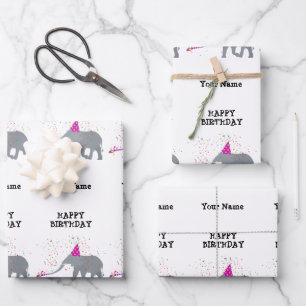 Elephant Partying - Animals at Birthday Party Name Wrapping Paper Sheets