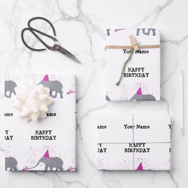 Elephant Partying - Animals at Birthday Party Name Wrapping Paper Sheets (Front)