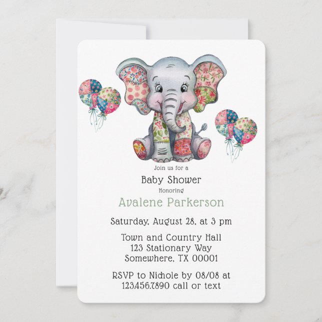 Elephant Patchwork Chic Girl or Boy Baby Shower  Invitation (Front)